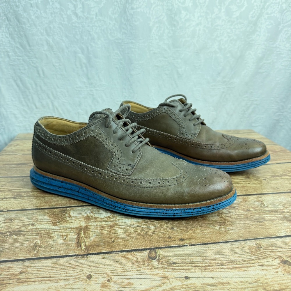 Cole Haan Mens 10 Brown Leather Lunargrand Wingtip Oxford Blue Sole Quiet Luxury